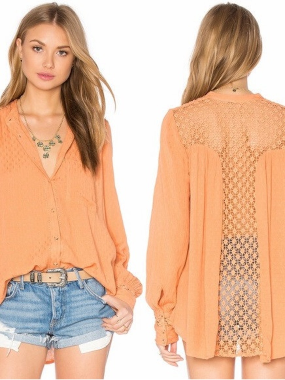 Free People The Best Button Front Blouse Crochet Long Sleeve Orange Shirt Top